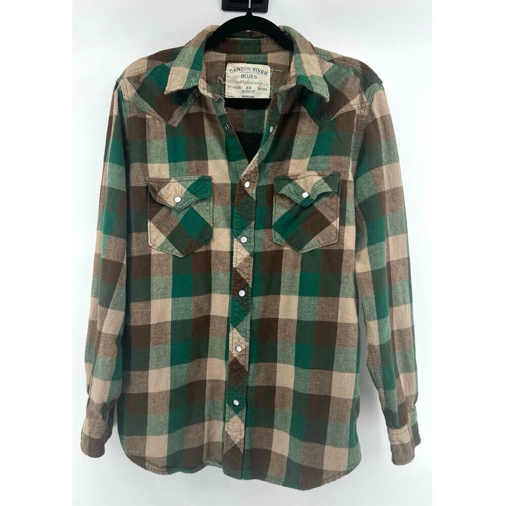 Canyon River Blues | Plaid Flannel Snap Closure Shirt Green Brown Men's M